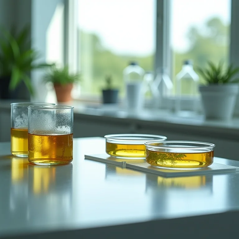 Equipamentos de laboratório com extratos de árvores para bioprospecção.