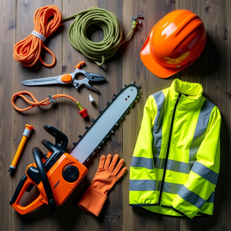 Equipamentos de proteção individual (EPIs) para poda em altura.