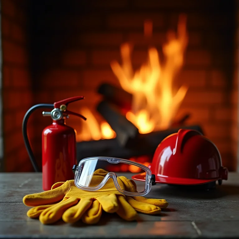 Equipamentos de segurança para limpeza de lareira: luvas, óculos e extintor