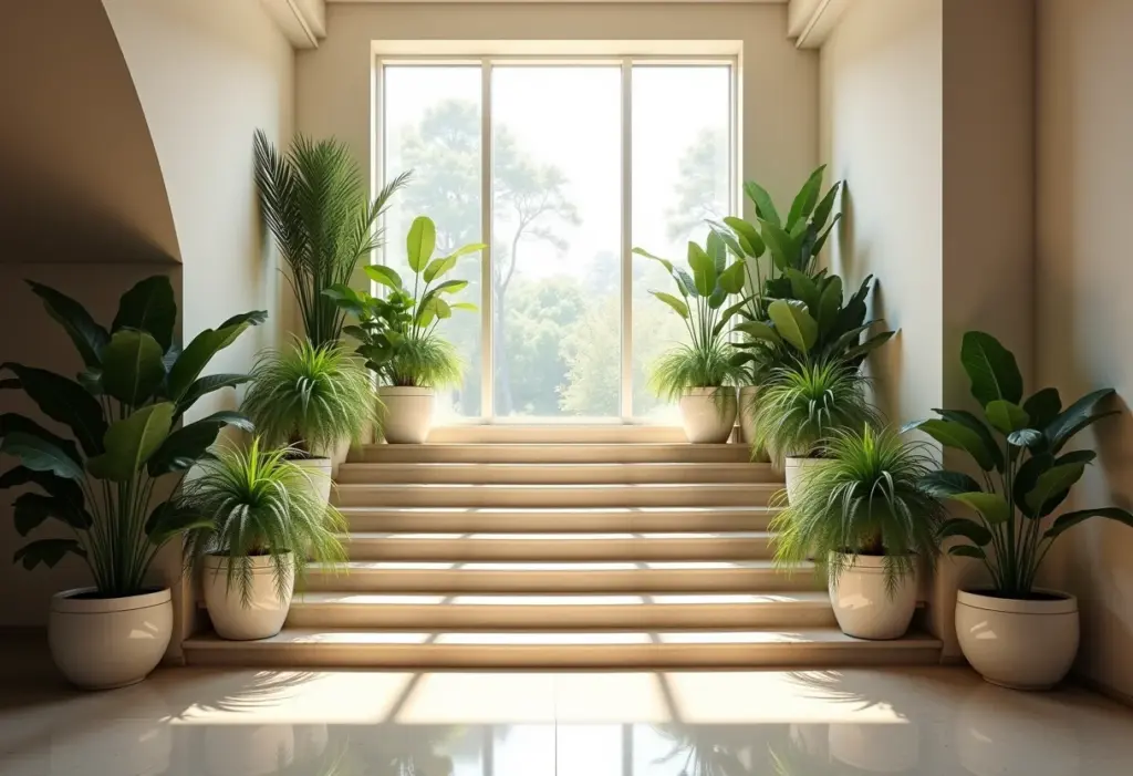 Escada iluminada com plantas em vasos, criando um jardim de inverno aconchegante