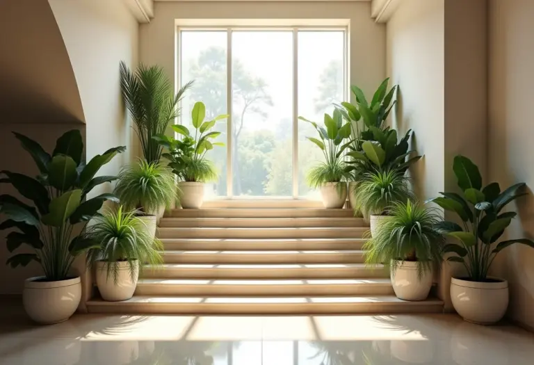 Escada iluminada com plantas em vasos, criando um jardim de inverno aconchegante