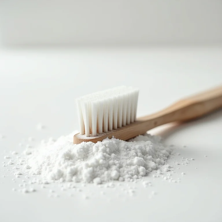 Escova de dentes com cerdas desgastadas e bicarbonato, representando uso excessivo.