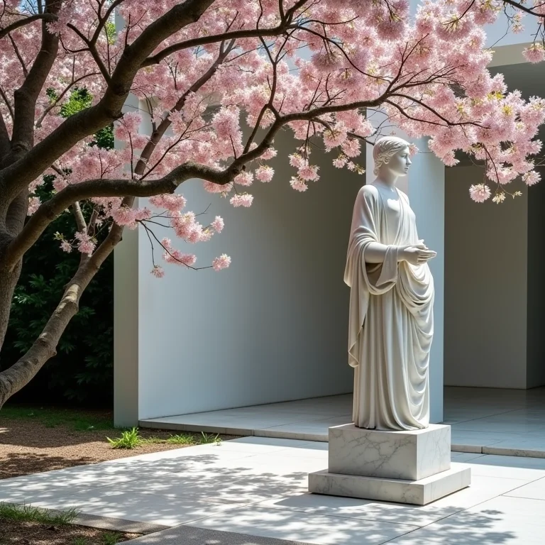 Escultura de mármore e árvore florida no Cemitério da Consolação em São Paulo
