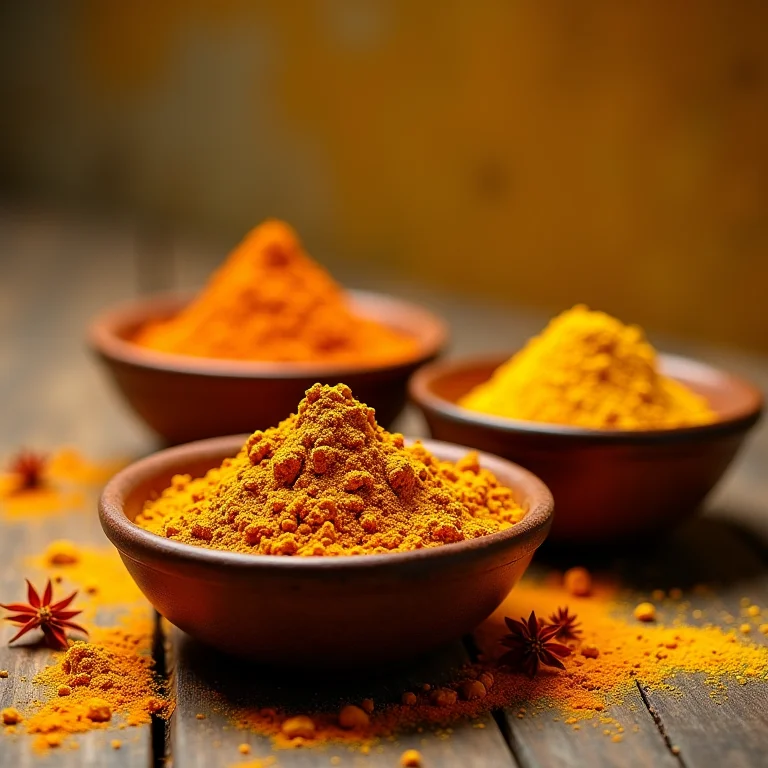 Especiarias amarelas e laranja em potes de cerâmica.