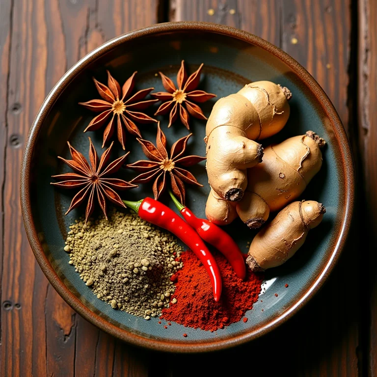 Especiarias asiáticas em prato de cerâmica.