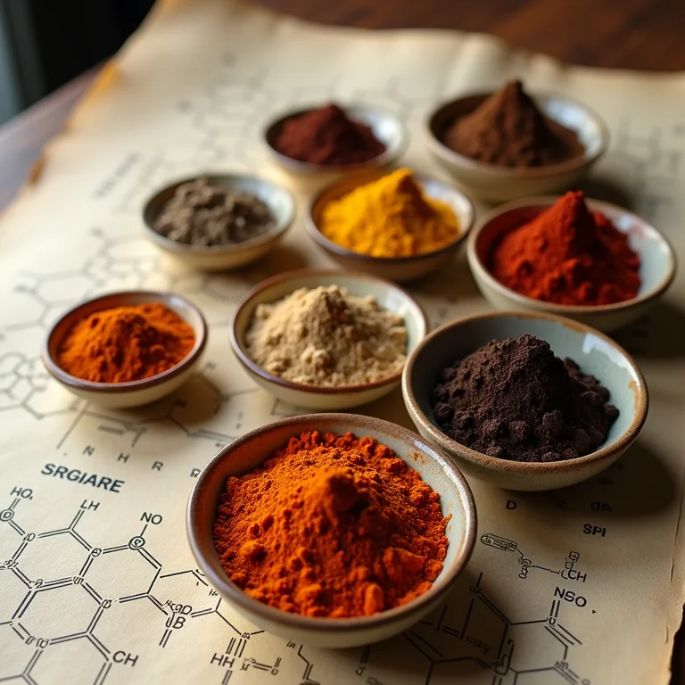 Especiarias coloridas ao lado de diagramas de compostos químicos.