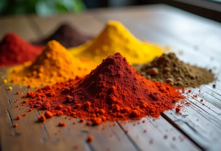 Especiarias em pó e em folha dispostas artisticamente sobre madeira rústica.
