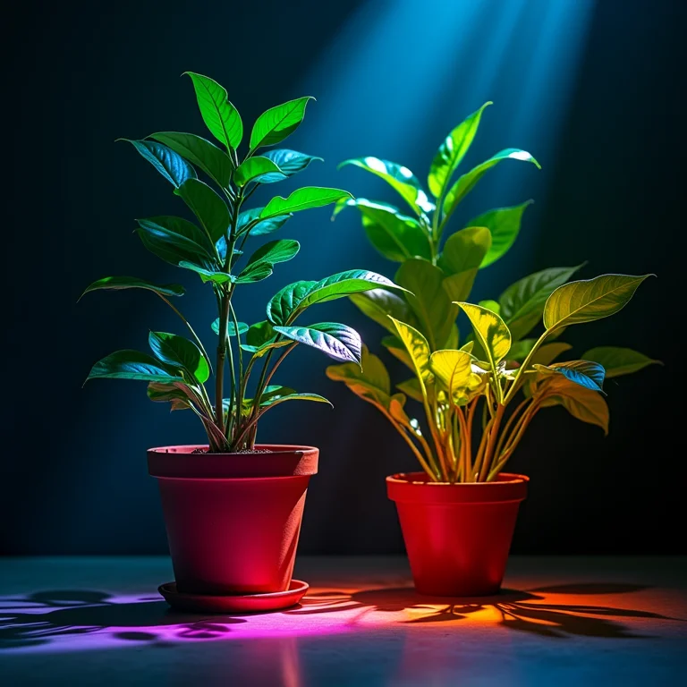 Espectro de luz visível demonstrado em plantas, ilustrando o efeito das cores na fotossíntese.