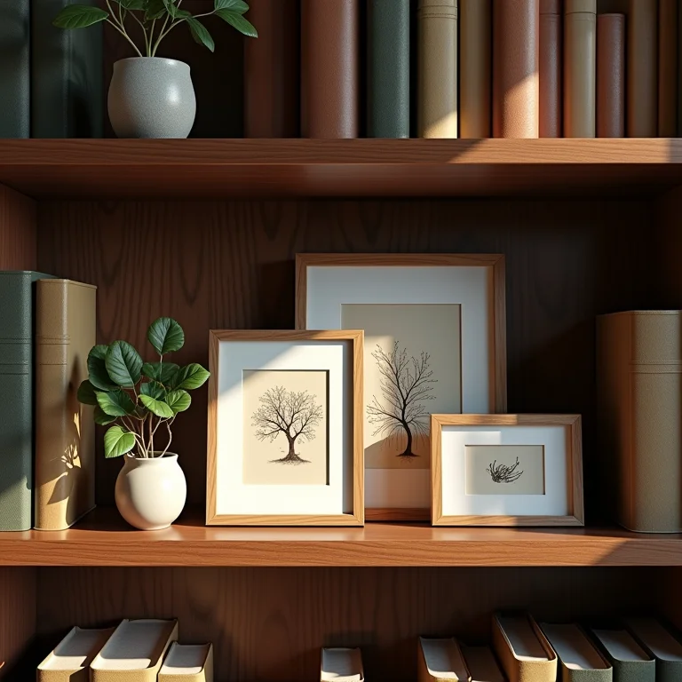 Estante com quadros e ilustrações
