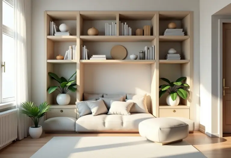 Estante de nichos organizada e otimizada em sala de estar moderna