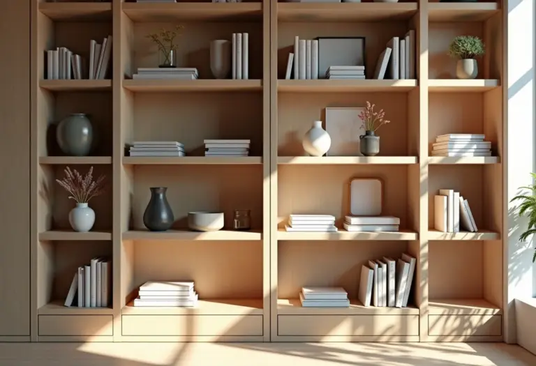 Estante minimalista organizada com poucos objetos