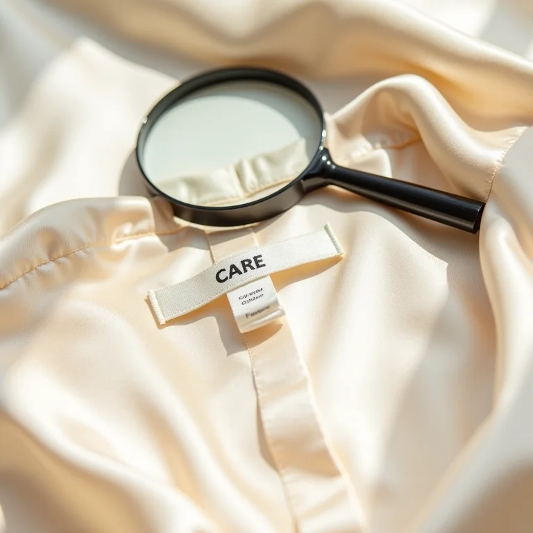 Etiqueta de roupa de seda sendo examinada com lupa