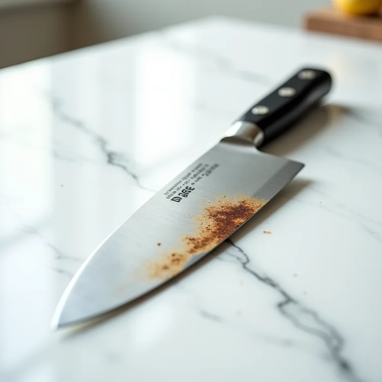 Faca de chef com um pequeno ponto de ferrugem