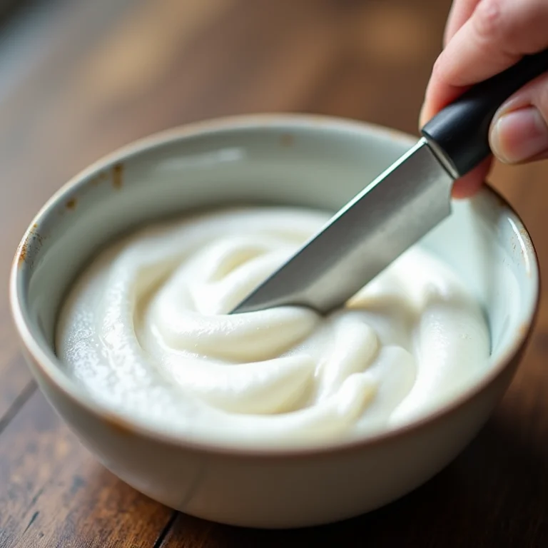 Faca de cozinha parcialmente submersa em uma pasta de bicarbonato de sódio e água