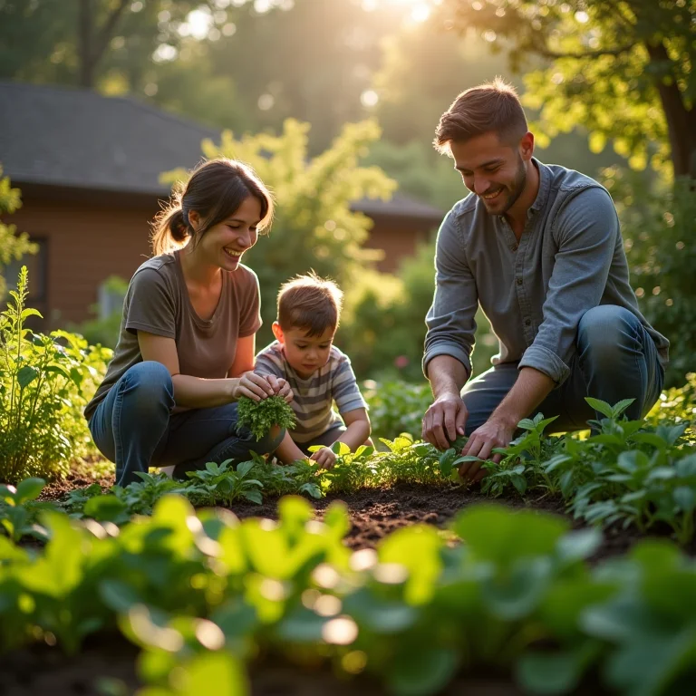 Família cultivando jardim com compostagem de minhocas