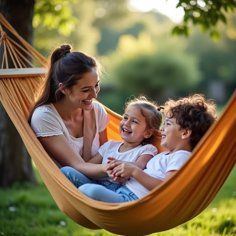 Família interagindo em jardim com rede, fortalecendo laços e criando memórias.
