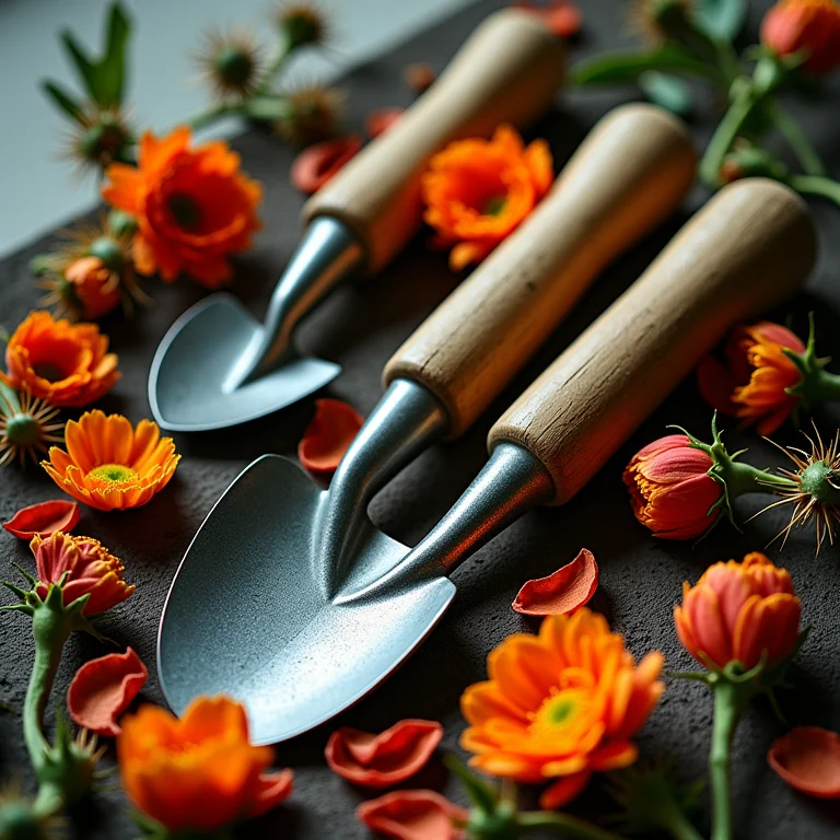 Ferramentas de jardinagem com flores e espinhos