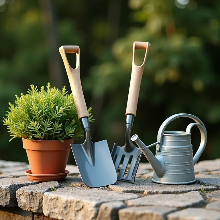Ferramentas de jardinagem e planta em vaso