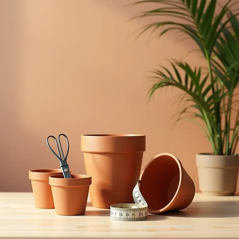 Ferramentas de jardinagem e vasos de terracota em uma superfície de madeira clara.