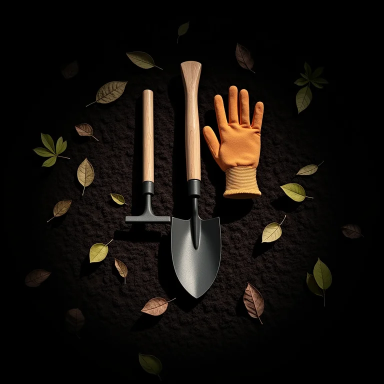 Ferramentas de jardinagem em solo escuro.