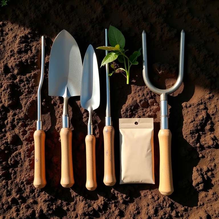 Ferramentas de jardinagem sobre solo preparado
