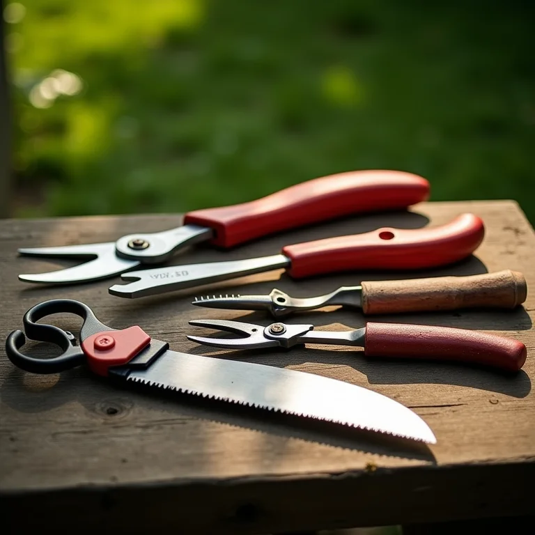 Ferramentas de poda organizadas em uma mesa de jardim.
