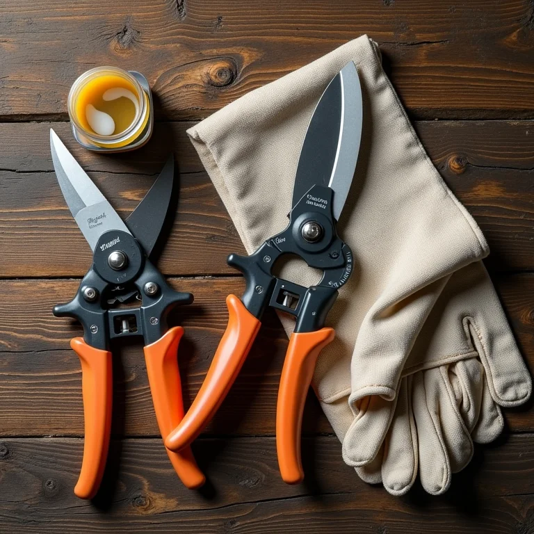 Ferramentas essenciais para a poda de limpeza de roseiras dispostas em flat lay