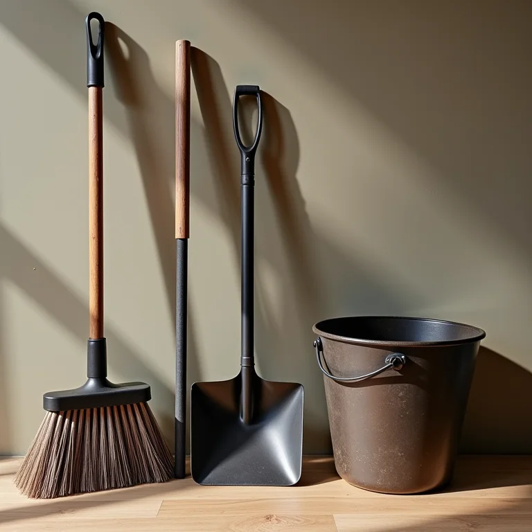 Ferramentas para limpeza de lareira: escova, pá, balde e aspirador