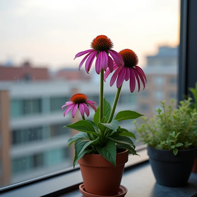 Flor de cone roxo crescendo em vaso elegante em varanda