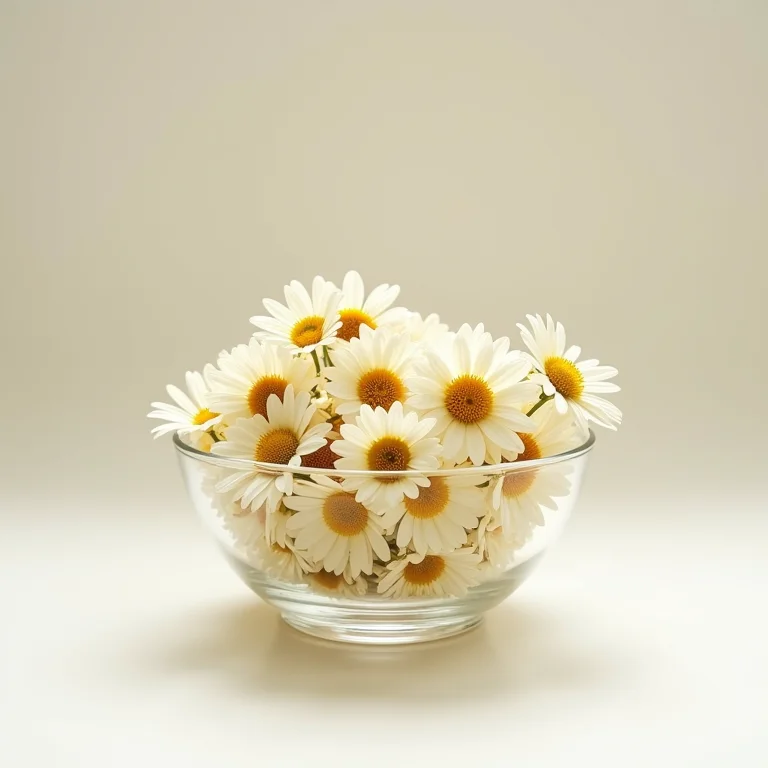 Flores de camomila secas em tigela de vidro