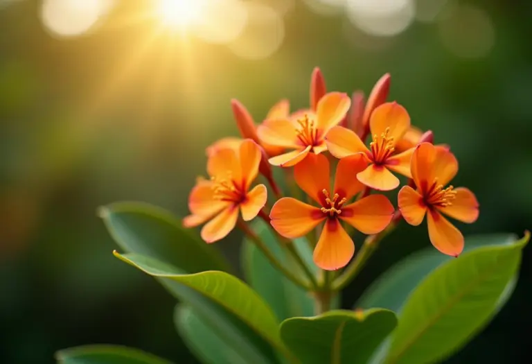 Flores de Ixora vibrantes em um jardim ensolarado