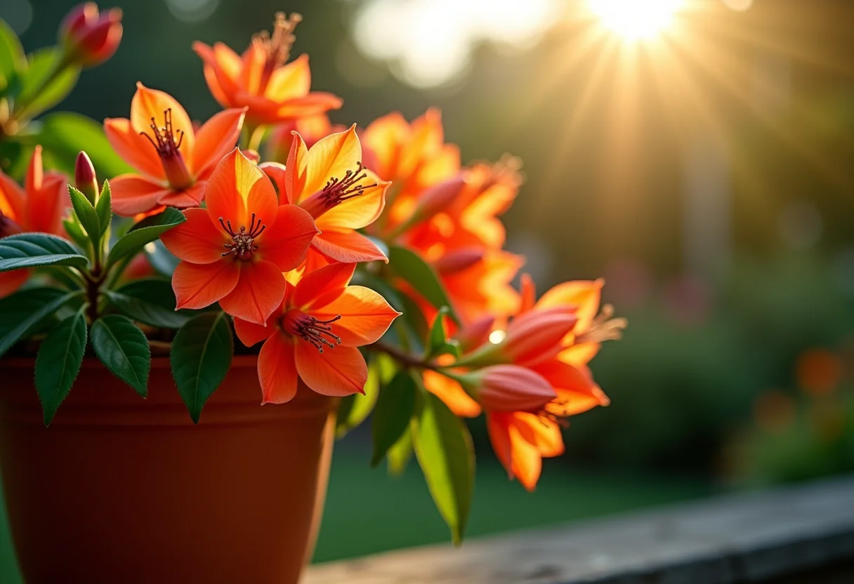 Flores de Ixora vibrantes em vaso de terracota, florescendo exuberantemente.