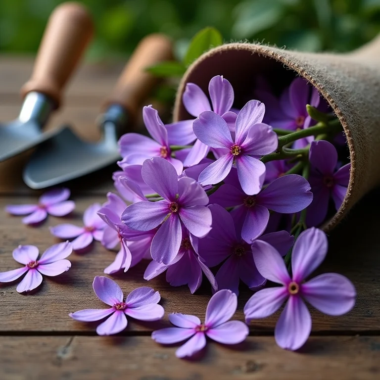Flores de jacarandá e ferramentas de jardinagem sobre mesa de madeira