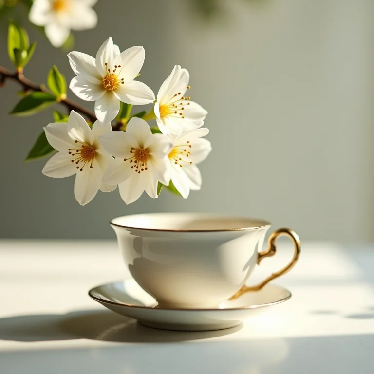 Flores de jasmim em cascata sobre xícara de chá vintage.