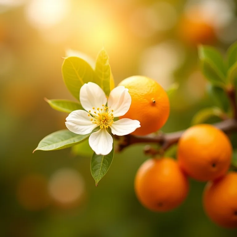 Flores de laranjeira iluminadas pelo sol em um galho.
