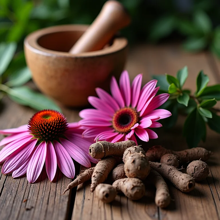 Flores e raízes de Echinacea purpurea recém-colhidas em mesa de madeira