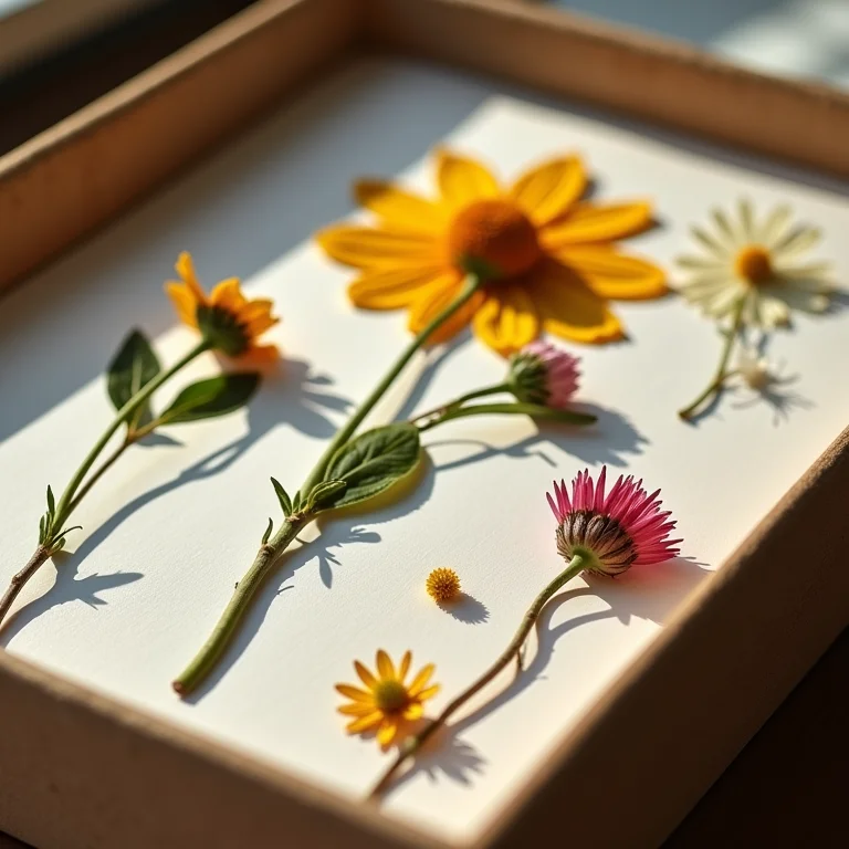 Flores prensadas armazenadas em caixas com etiquetas