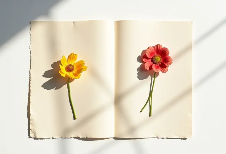 Flores prensadas delicadamente dispostas sobre papel artesanal