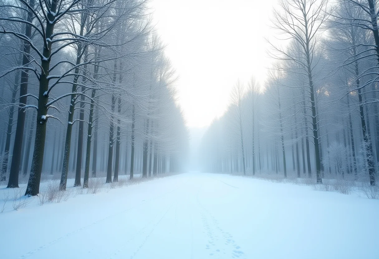 Floresta coberta de neve com árvores altas.