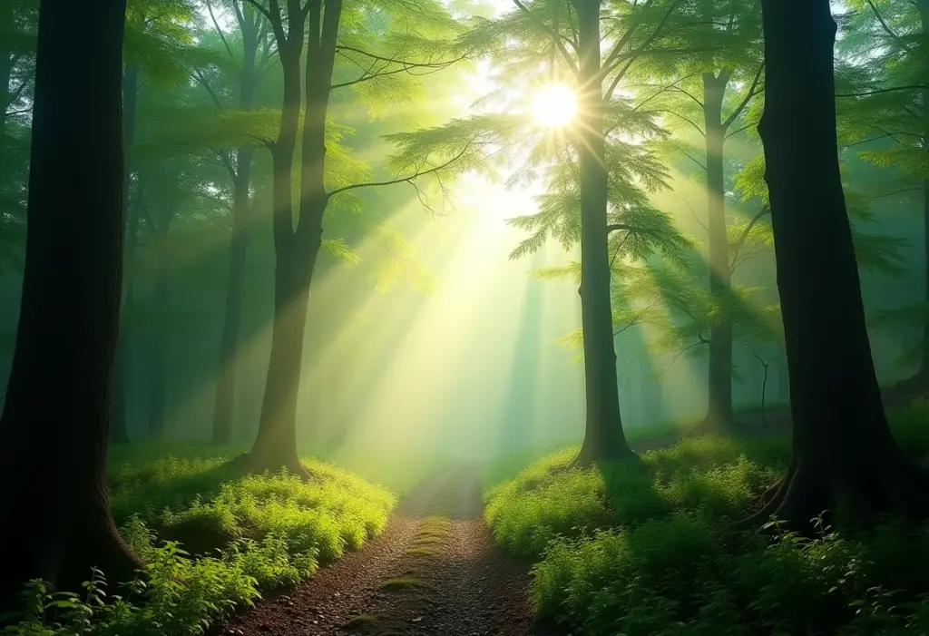 Floresta verde exuberante com luz solar suave e névoa