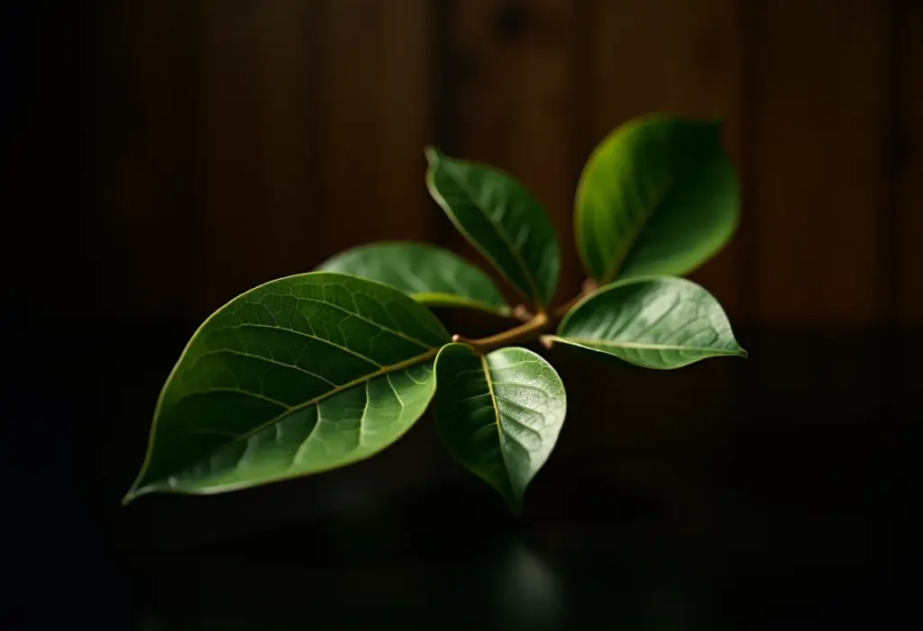 Akòko: O guia definitivo da folha sagrada e seus poderes Folhas de Akòko dispostas artisticamente em fundo de madeira escura