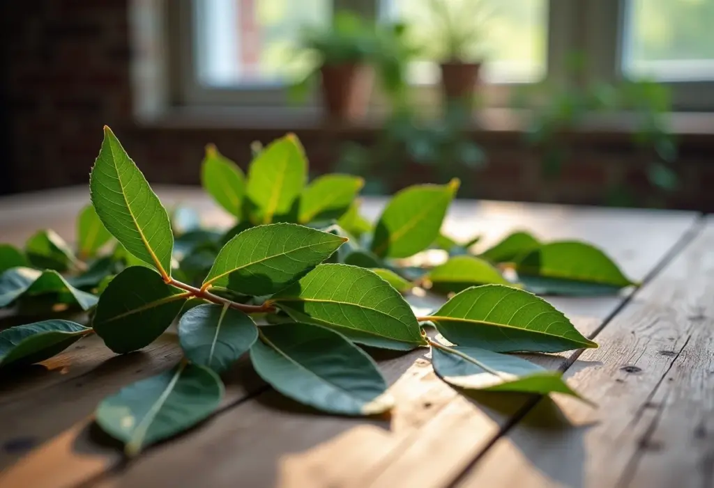 Folhas de louro secas em uma mesa de madeira rústica