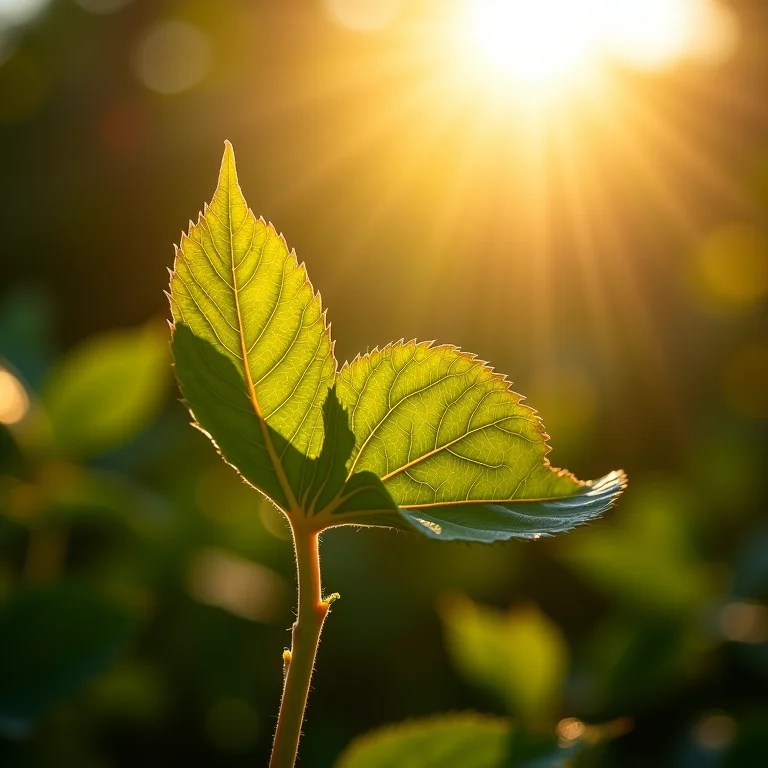 Folhas murchando sob luz solar intensa, representando o impacto das mudanças climáticas.