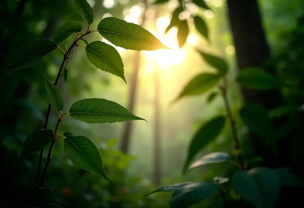 Fotografia conceitual de floresta exuberante com árvores medicinais.