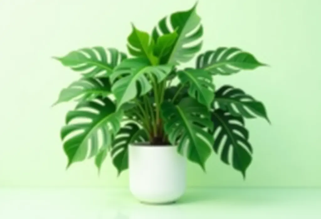 Fotografia de close-up de uma Costela de Adão gigante em um vaso minimalista.