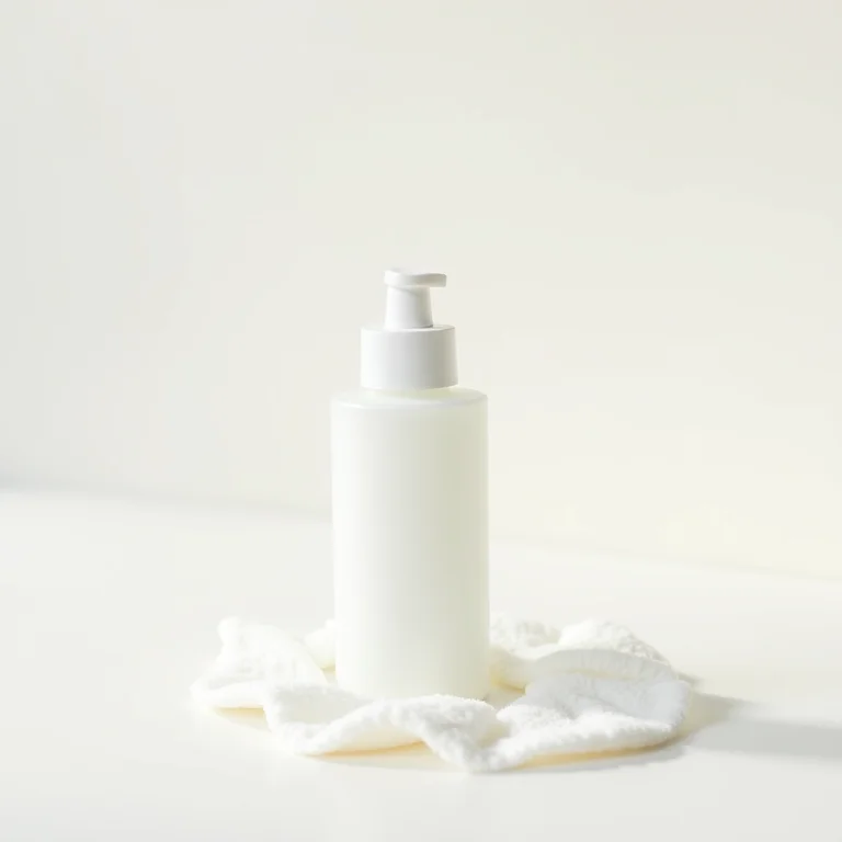 Frasco de água micelar e discos de algodão em composição minimalista