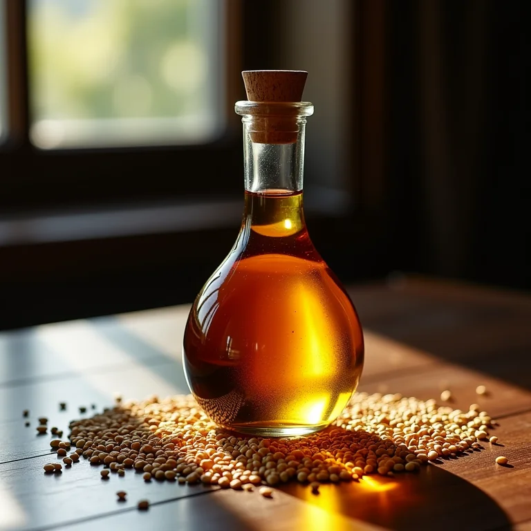 Frasco de óleo de gergelim torrado com sementes ao redor.