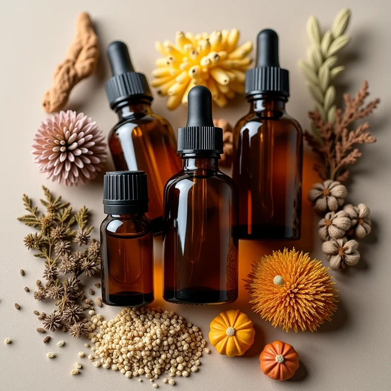 Frascos de óleo essencial e ervas secas