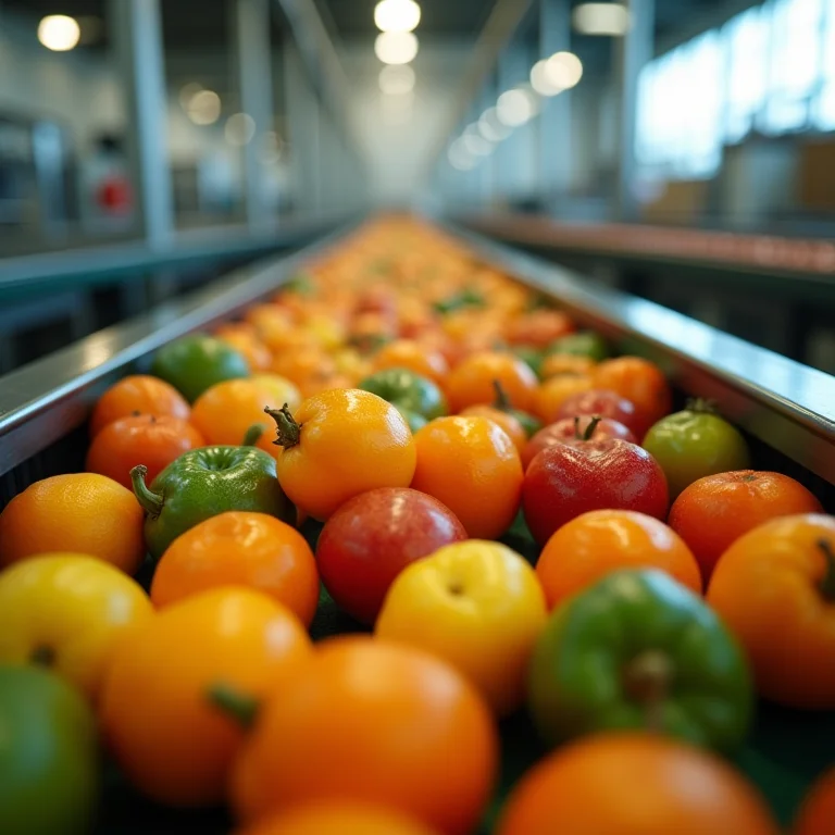 Frutas e vegetais sendo descartados em uma indústria alimentícia, representando o desperdício na produção.