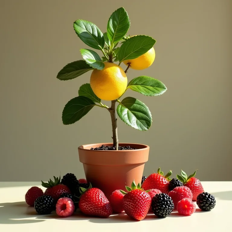 Frutas vermelhas e limoeiro em vaso